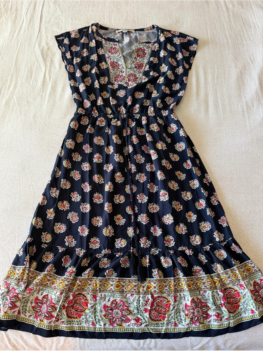 LOFT Navy Maxi Dress with Pink Floral Border